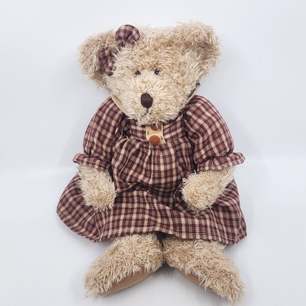 Vintage Russ Lady Chelsie Teddy Bear Plush Stuffed Animal Tan Plaid Dress 12 in